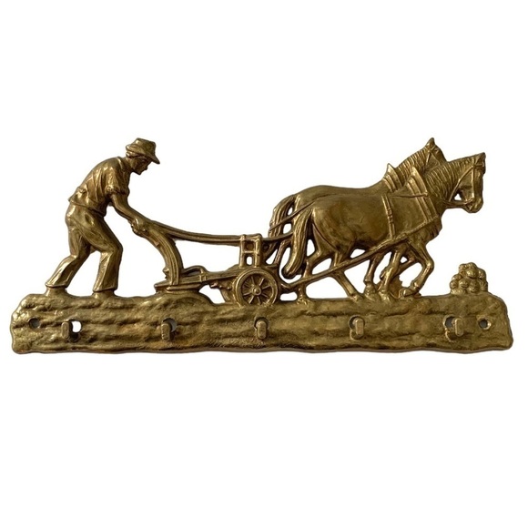 Vintage 60’s Other - Vintage 60’s Farmer Plowing The Field With Horses Brass Wall Hanger With Hooks